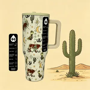HydroJug Cute Western Cowboy 40oz Tumbler - Aesthetic Cactus & Longhorn Print Insulated Water Bottle, Perfect for Road Trips, Rodeo & Country Days, Leak-Proof & Durable