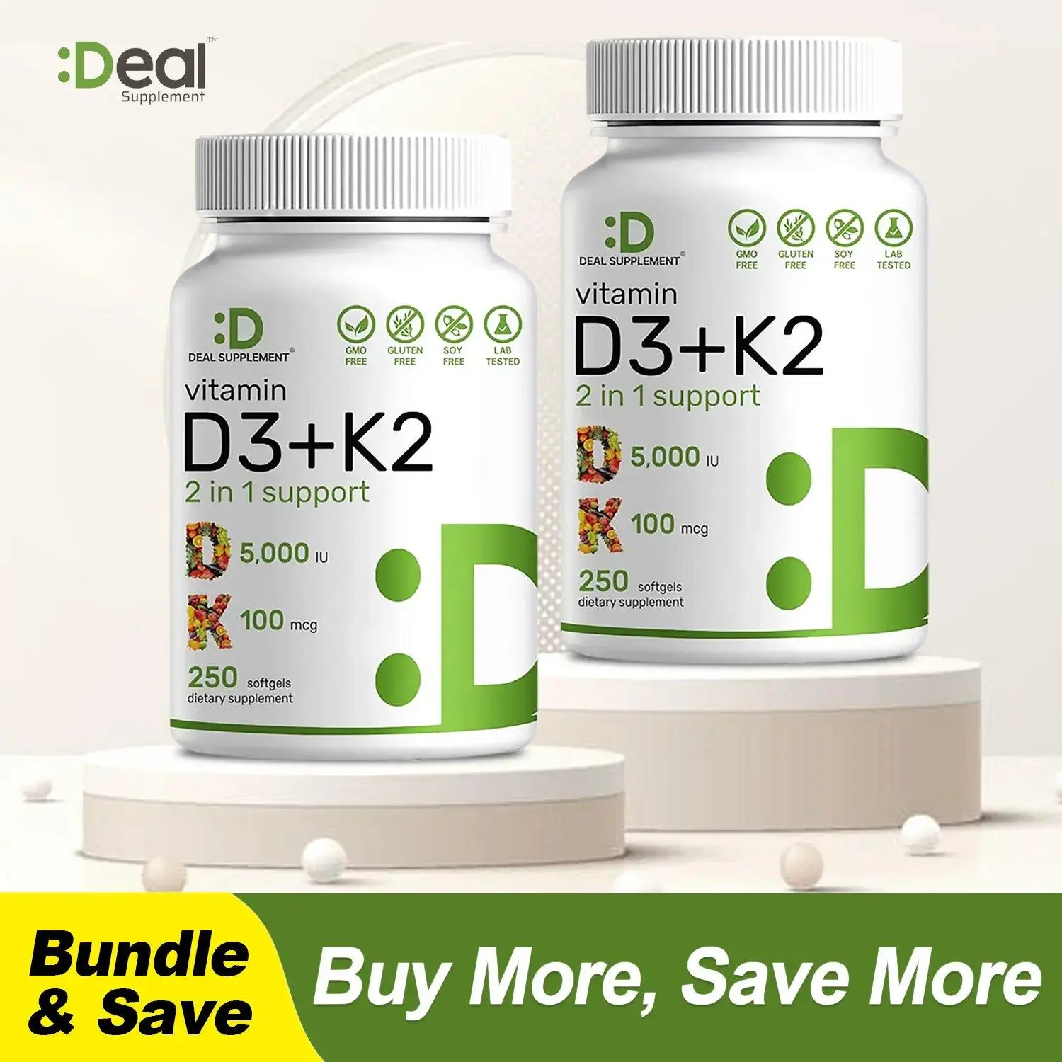 2 bottles Deal Supplement Vitamin D3+K2 | Immune Support | Bone Health | 250 Veggie Softgels Healthcare Dietary