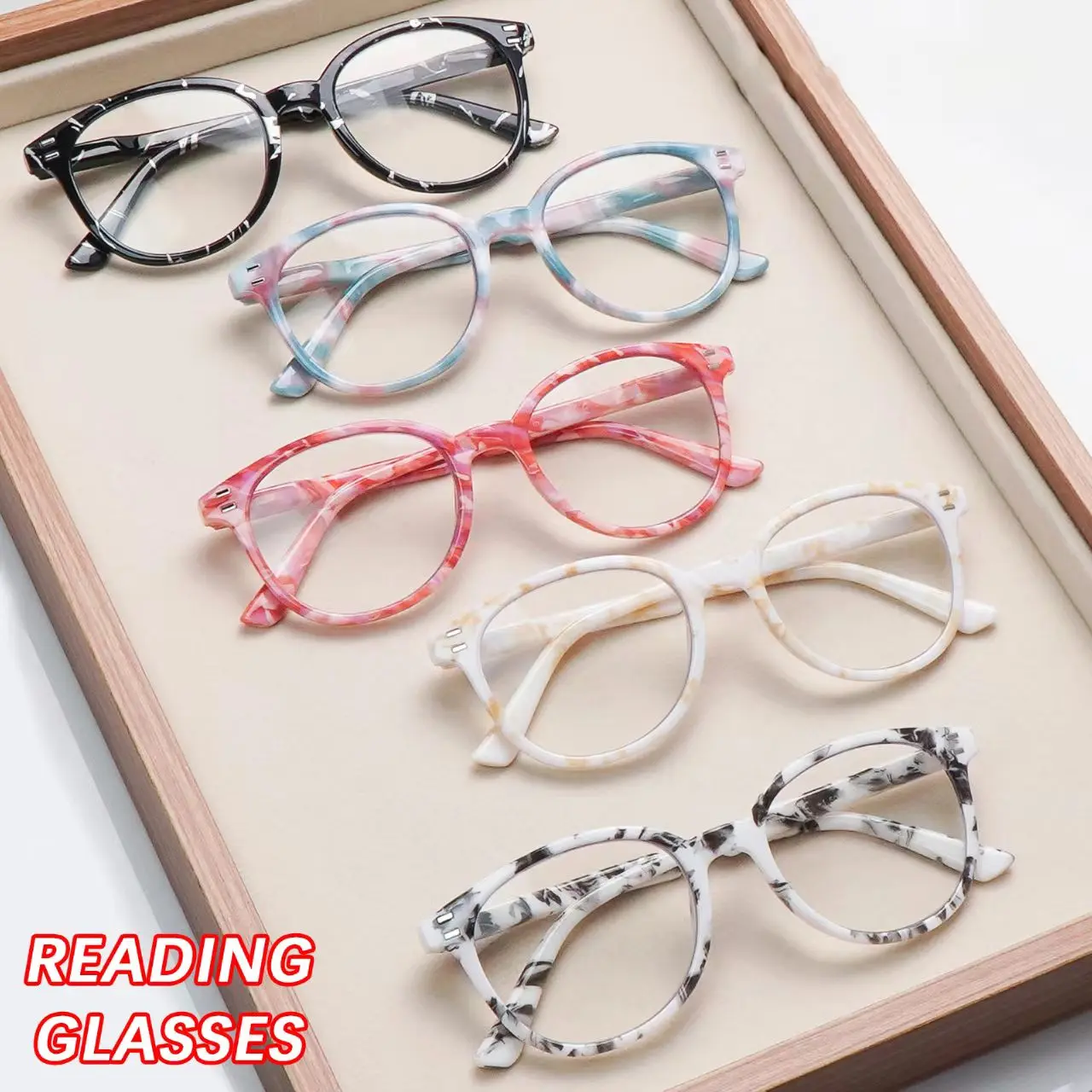 5-Pack Blue Light Blocking Reading Glasses,Women's Exclusive Classic printed round full-rim frames paired with premium blue light blocking lenses featuring spring hinges.Comfortable and durable for reading and outdoor activities—perfect as holiday gifts.