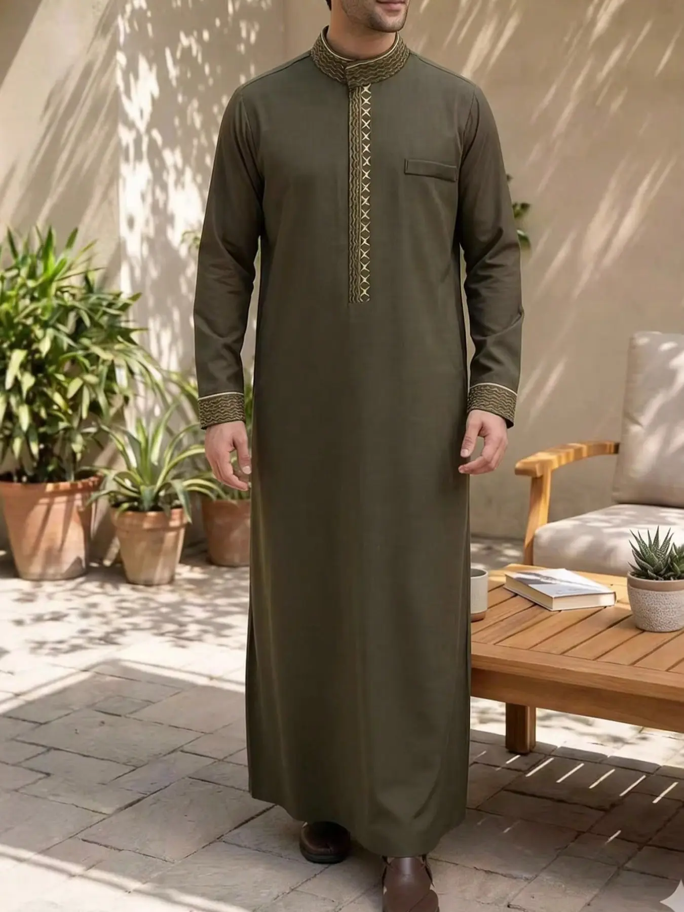 Men's Long Sleeve Shirt Casual Traditional Arabic Robe Muslim Embroidered Islamic Thobe, Comfortable and Stylish, Perfect for Daily Wear, High-Quality Fabric Premium Traditional Thobe Modest Muslim Thobe