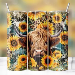 Highland Cow with Sunflower 20oz Skinny Tumbler western drinkware Bottle Cup