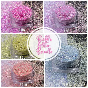 Bubble Glitter Bundle - 1.5oz Bags of OMG LOL BFF YOLO FOMO Glitter for Festive Decoration in Vibrant Colors