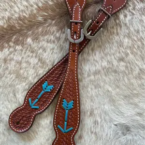 Pair Ladies Basketweave Tooled Leather Western Teal Rawhide Laced Spur Straps