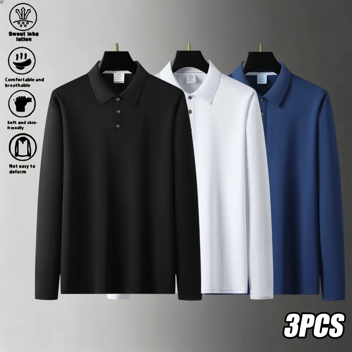 Men's Classic Solid Plain Lapel Long-Sleeved Polo Shirts (3pcs Set) - Polyester Menswear for Spring & Autumn, Casual Sportswear/Tennis/Business Tops Suitable for Travel, Multi-Function Fashion Clothes