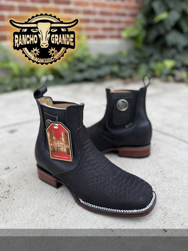 911 Black Pitton  Square Toe Chelsea Ankle Boots  / Botines Botas Horma Rodeo Punta Cuadrada   Pitton