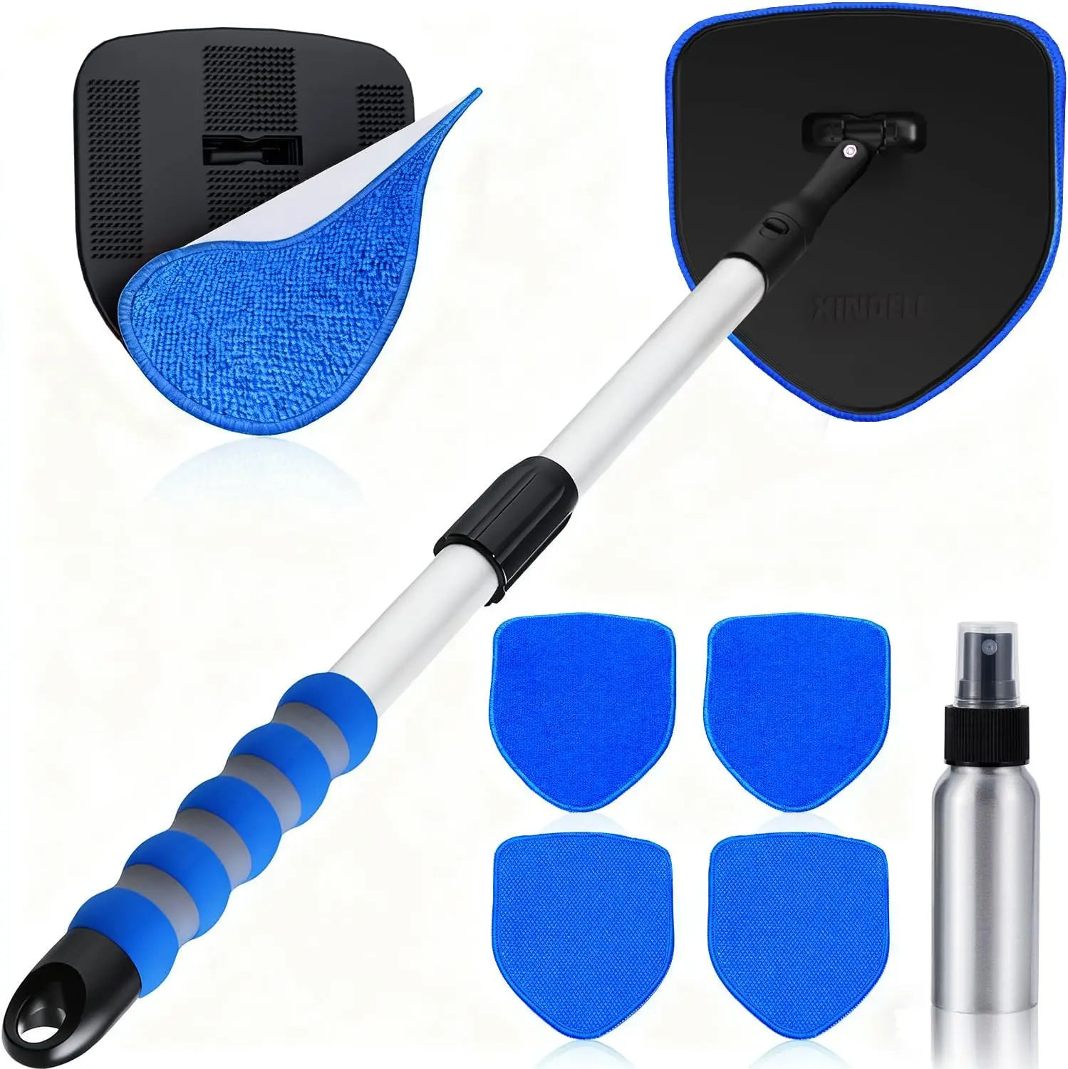 XINDELL Interior Windshield Cleaner Tool, Car Window Cleaning Kit with Extendable Handle, 360° Rotating Head, 5 Reusable Microfiber Pads for Streak-Free Car, Truck Cleaning brush kit