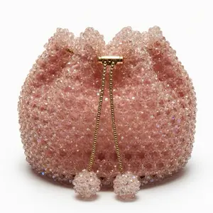 Luxury Pink Crystal Beaded Drawstring Bucket Bag – Luxury Evening Purse
