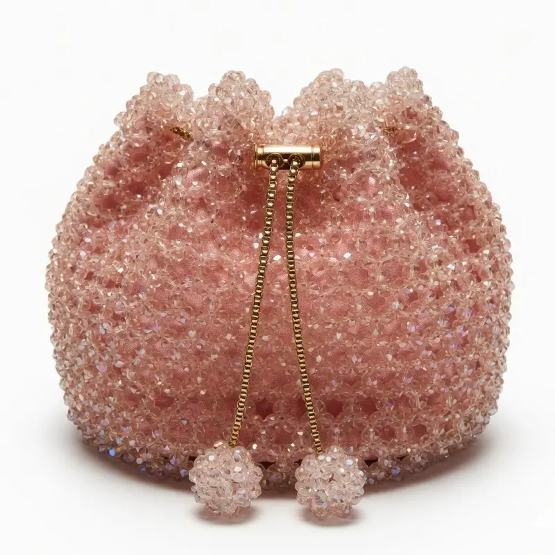 Luxury Pink Crystal Beaded Drawstring Bucket Bag – Luxury Evening Purse