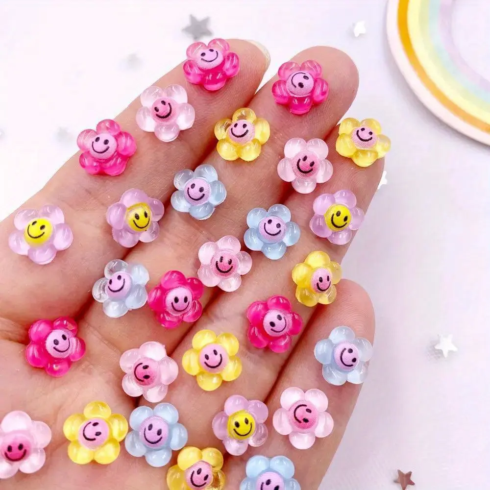 30pcs Mixed Resin Mini Colorful Smiling Sunflower Art Flat back Flower Rhinestone Applique DIY Scrapbook Wedding Decor Crafts Accessories Cute Scrapbooking