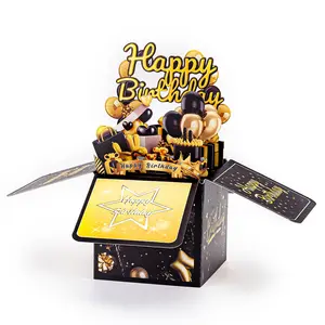 and Gold Pop-Up 3D Birthday Card, Handmade Paper Carving, Gift, Party Favor Decoration, 1/2 Pieces, Happy Birthday Card