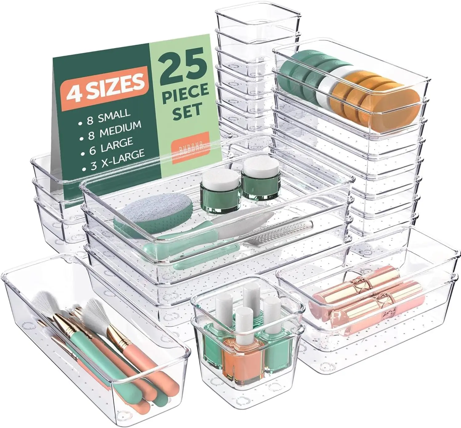 8PCS/25PCS Optional Clear Drawer Organizer Trays, Anti-Slip Stackable Transparent Drawer Dividers, 4 Assorted Sizes Waterproof Storage Bins, No-Install Removable Inserts for Makeup Vanity, Bathroom, Kitchen, Office