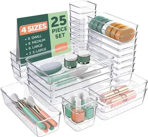 8PCS/25PCS Optional Clear Drawer Organizer Trays, Anti-Slip Stackable Transparent Drawer Dividers, 4 Assorted Sizes Waterproof Storage Bins, No-Install Removable Inserts for Makeup Vanity, Bathroom, Kitchen, Office