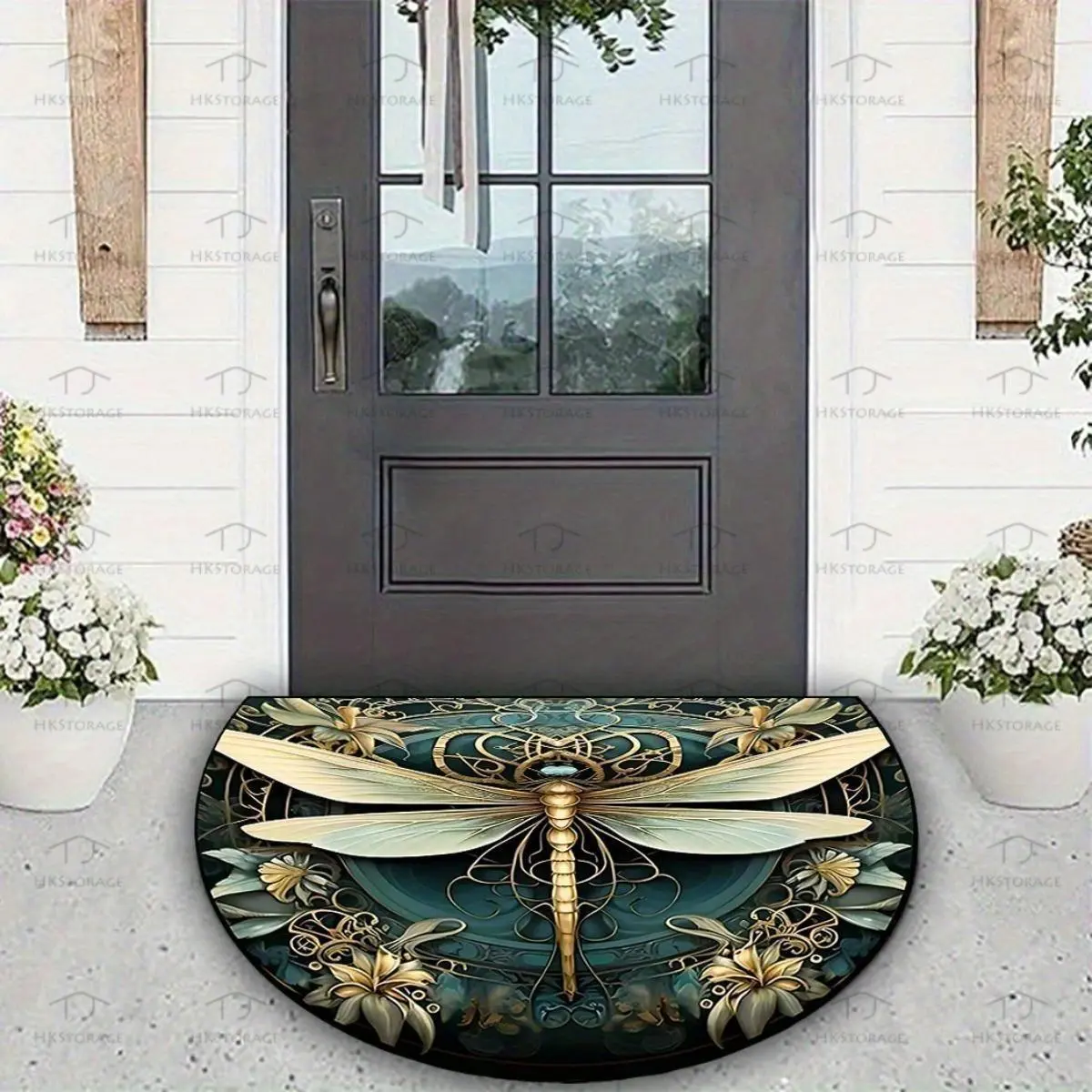 Retro Sunflower Half Round Door Mat Dragonfly Non Slip Bath Mats Absorbent Front Porch Rugs Shower Mat for Living Room Bedroom Kitchen Bathroom Floor Home Decor