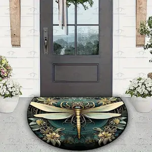 Retro Sunflower Half Round Door Mat Dragonfly Non Slip Bath Mats Absorbent Front Porch Rugs Shower Mat for Living Room Bedroom Kitchen Bathroom Floor Home Decor