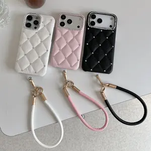 3-Color Quilted Rhinestone Case for iPhone14/15 Pro | Leather Quilted + Rhinestone Accents + Rim Bling + Matching Wrist Strap | Scratch-Resistant | Commute & Date Luxury Elegant Style | Protective