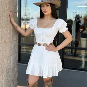 White Ruffled Dress with Puff Sleeves for Women