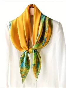 100% Mulberry Silk 34.64" Square Scarf Shawl, Yellow Landscape Painting Pattern, Elegant & Classic, All-Season Versatile, Gift-Wrapped, Perfect Gift for Valentine’s Day, Christmas & Mother’s Day