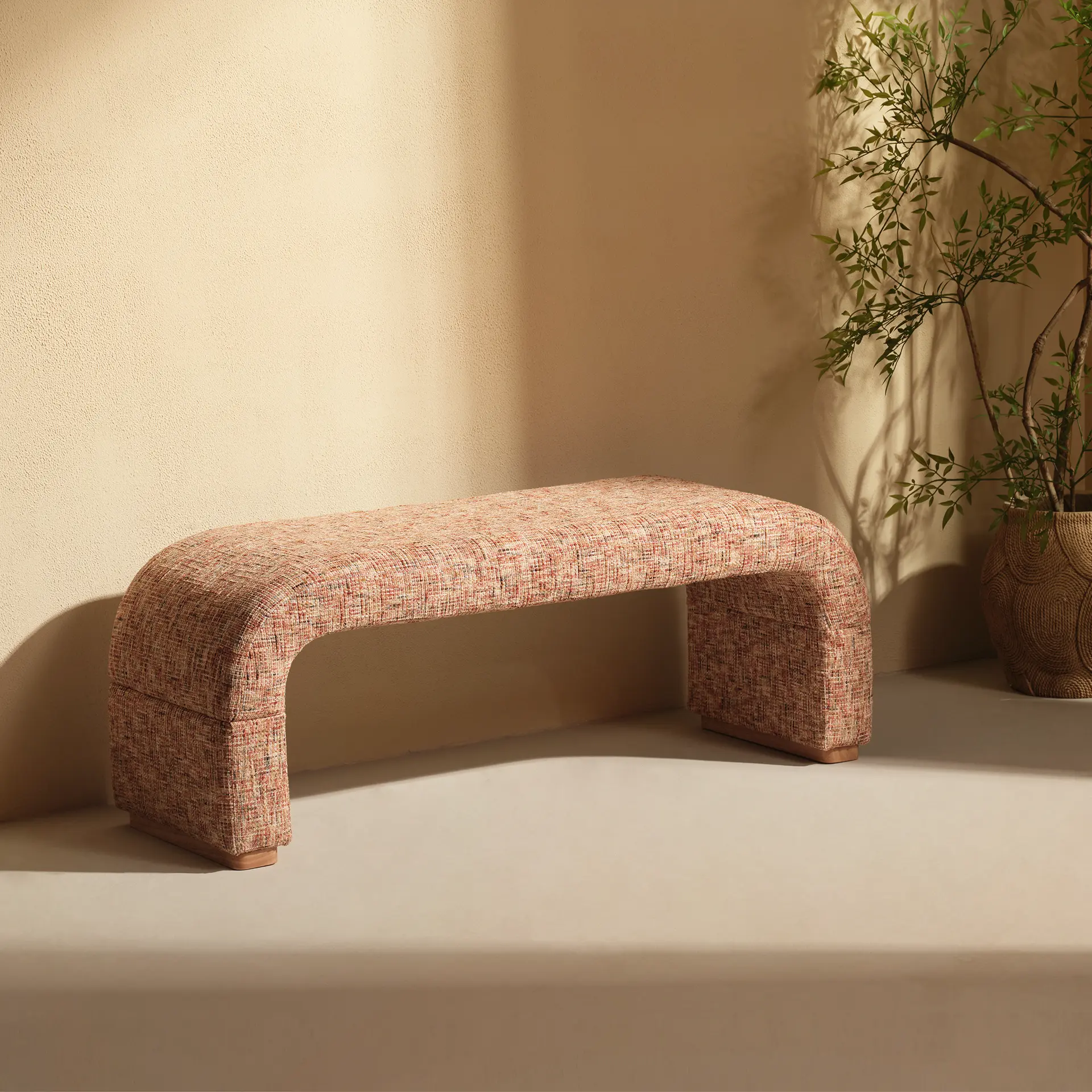 ModernMate Dione U-Shape Curve Upholstered Ottoman Bench - Oeko-TEX Chenille Fabric, Plush Multi-Layer Foam, Solid Natural Wood Base, Assembly Required, Calming Canyon Dawn Red, Upholstered Cushion Stools for Bedroom
