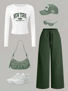 Women's Slim Fit Round Neck Long Sleeve Top + Casual Straight Leg Sport Pants Set, Simple Letter Print, Loose-Fitting, spring outfits