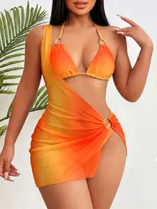 Women's 3-Piece Bikini Set, Sexy Fashion Gradient Print, Triangle Cup, Drawstring Backless One-Shoulder, Beachwear for Swimming Vacation