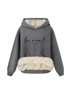 Women's Letter Print Drop Shoulder Thermal Lined Hoodie, Essential Hoodies, Casual Cozy Sweatshirt, Fashion Casual Long Sleeve Hooded Sweatshirt for Daily Outdoor Wear, Women Fall & Winter Clothes, Downtown Girl Clothes Essentials Hoodie