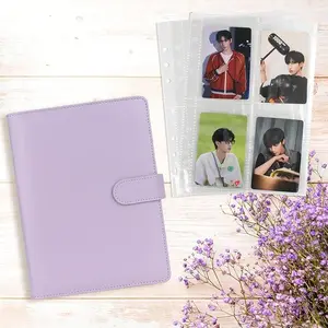 A5 Photo Card Binder with 30 4-Pocket Pages 6-Ring Stainless Steel Album PU Leather Cover Magnetic Buckle Purple Decor Holds Up to 240 Cards Waterproof Dustproof