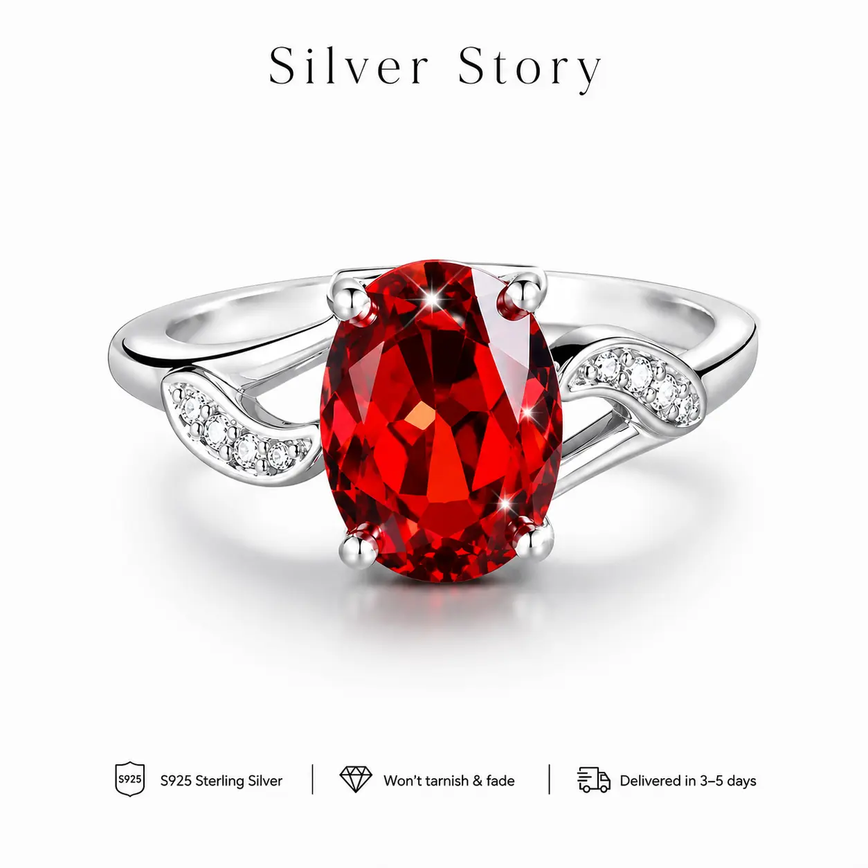 Women's 925 Silver Adjustable Statement Ring - Oval Ruby Red Gemstone Accent Wave Band, Birthday Anniversary Gift for Everyday Wear, Adjustable Statement Rings