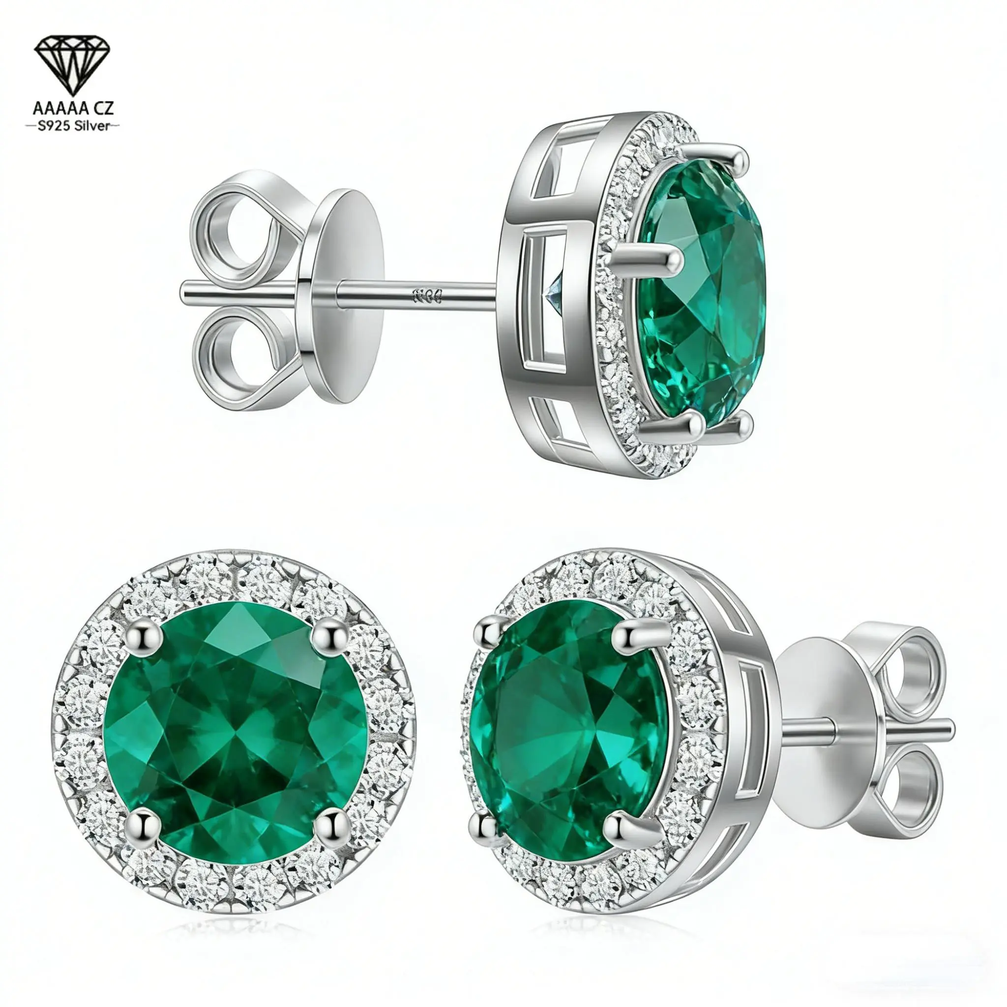 Unisex 1 Carat Round Emerald-Cut Cubic Zirconia Stud Earrings - Sterling Plating, 8mm Green Zircon Halo, Hypoallergenic Tarnish-Resist., Adults' Affordable Daily Fashion Jewelry, 2026 Mothers Day Gifts, Affordable Fashion