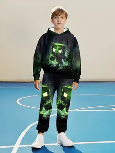 Boys Minecraft Pixel Hoodie Set, sweatshirts sweatpants, Casual Fitted Two-Piece Game Clothing, Fall & Winter Regular Length