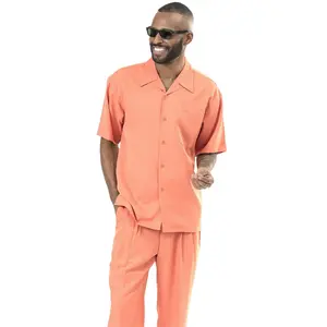 Coral Solid Short Sleeve Walking Suit Set - Classic Fit