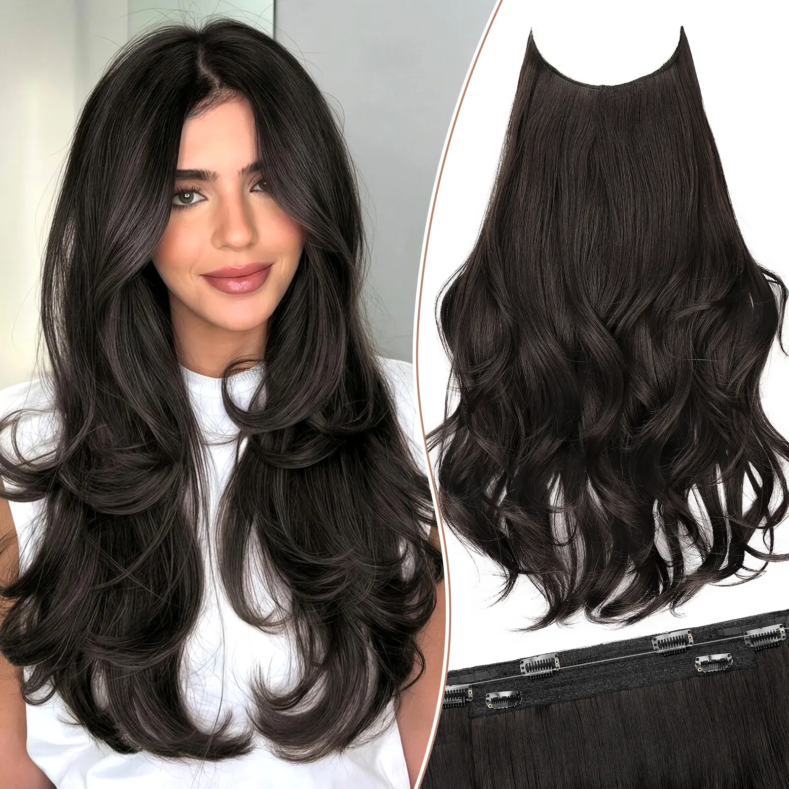 [ kookastyle ] 20inch Invisible Wire Synthetic Hair Extensions 20‘’ Long Wavy Layered Synthetic Clip in Hair Extensions with Transparent Wire Adjustable Size 6 Secure Clips Dark Brown Thick Hairpieces for Women 20 Inch