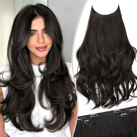 [ kookastyle ] 20inch Invisible Wire Synthetic Hair Extensions 20‘’ Long Wavy Layered Synthetic Clip in Hair Extensions with Transparent Wire Adjustable Size 6 Secure Clips Dark Brown Thick Hairpieces for Women 20 Inch