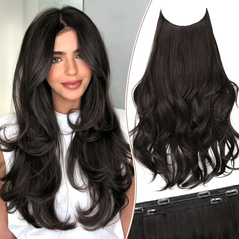 [ kookastyle ] 20inch Invisible Wire Synthetic Hair Extensions 20‘’ Long Wavy Layered Synthetic Clip in Hair Extensions with Transparent Wire Adjustable Size 6 Secure Clips Dark Brown Thick Hairpieces for Women 20 Inch