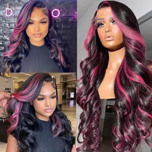 Skunk Stripe Human Hair Wigs Ombre Lace Front Wig Human Hair 13x4 Hd Lace Frontal Body Wave Highlight Pink Human Hair Wig Pink and Black Colored Wigs Human Hair 180%