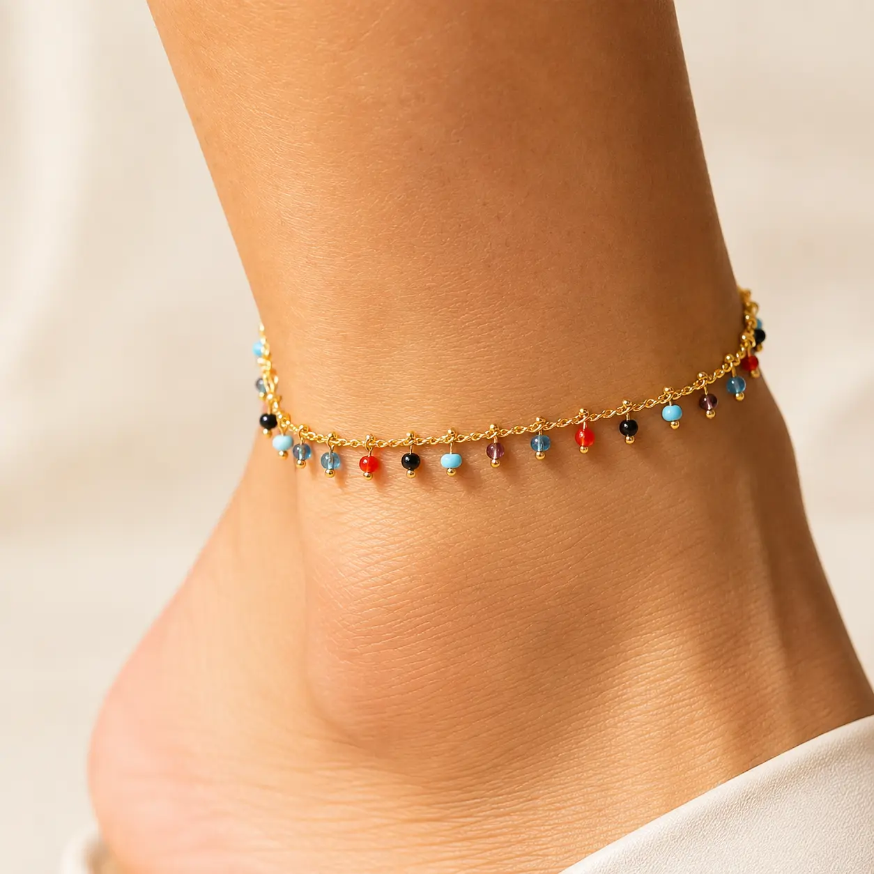 Women's Gold Beaded Look Anklet - Elegant Foot Jewelry with Adjustable Chain, Colorful Charm, Dainty Ankle Bracelet, Summer Beach Accessory, Everyday Wear