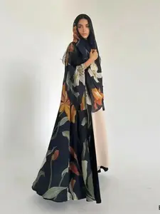 Women's Elegant Modest Islamic Two-Piece Set with Scarf, Open-Print Long Robe, Loose-Fit Woven Fabric, Abaya Dress All Seasons Fashionable Clothing, Hijab Modesty Muslim Outfits, Formal, Cozy, Versatile