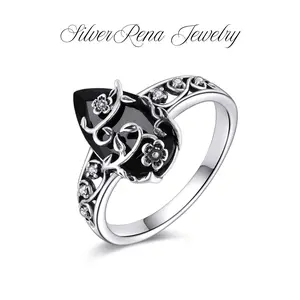 S925 Obsidian Ring with Floral Pattern Deisign, Vintage 925 Sterling Silver Ring Synthetic Onyx and Flower Ring, 5A Cubic Zirconia, Energy Crystal Jewelry, Affortable Jewelry for Daily Wear, Mystery and Protection Spiritual Healing Jewelry for Women