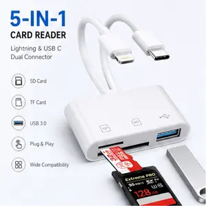 5-in-1 SD Card Reader Multiport Adapter - Compact Cordless Type-C Adapter with Lightning & USB-C Interface, Fast USB 3.0 File Transfer for SD/MicroSD, Plug-and-Play No App Needed for iPhone/iPad