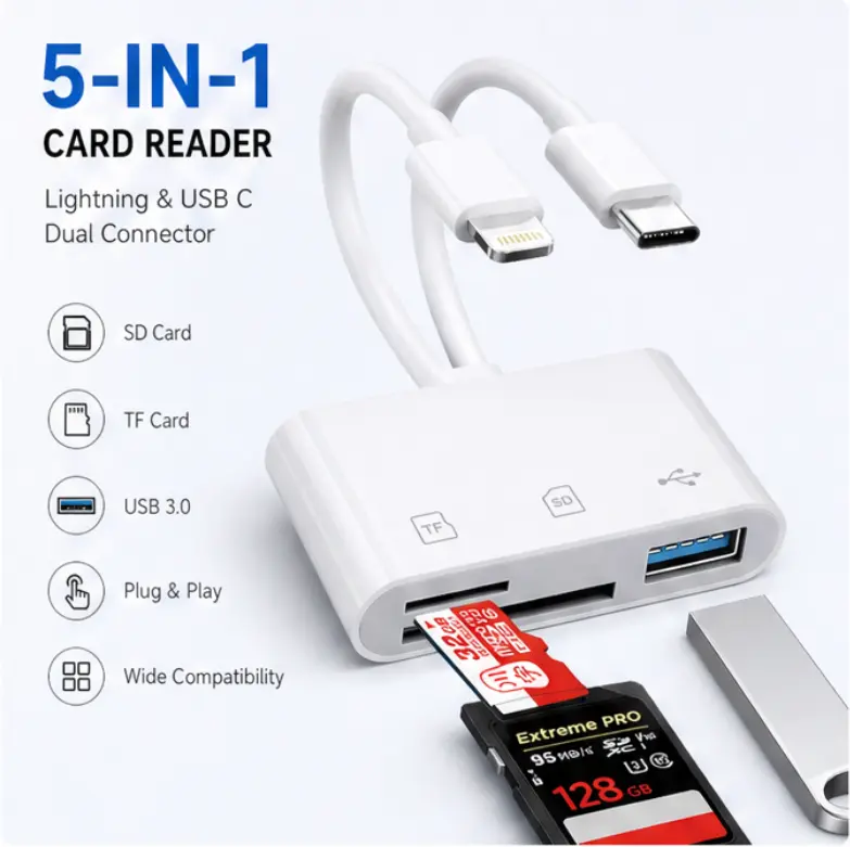 5-in-1 SD Card Reader Multiport Adapter - Compact Cordless Type-C Adapter with Lightning & USB-C Interface, Fast USB 3.0 File Transfer for SD/MicroSD, Plug-and-Play No App Needed for iPhone/iPad