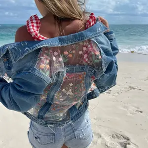 Denim & Sunshine Embroidered Floral Lace Sheer Boho Denim Jacket for Women - Handmade and Unique - Casual, Womenswear