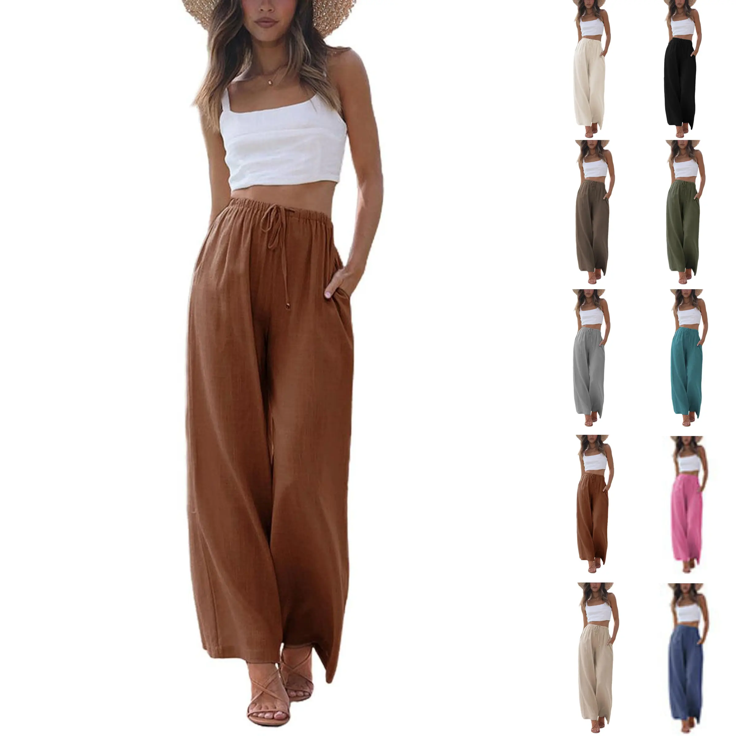 JovenPara Women's Minimalist Basic High-Waist Wide-Leg Cotton Linen Pants - Lightweight, Loose-Fitting, Adjustable Tie-Knot Drawstring, with Pockets, for Casual Lounge & Workout, Casual Chic Trousers, Effortless Pants, Bottoms, Stretchy Pants