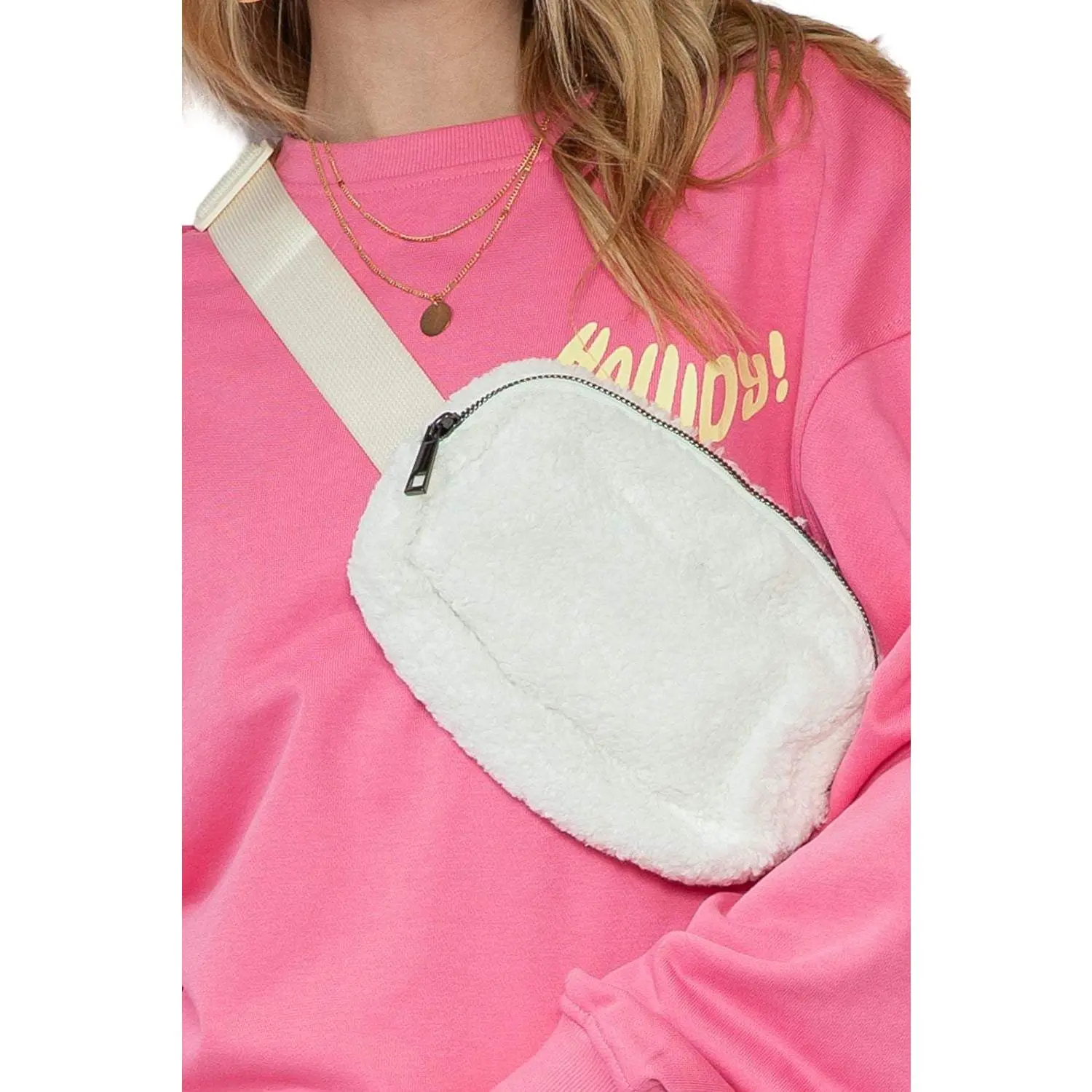 White Sherpa Adjustable Strap Crossbody Bag
