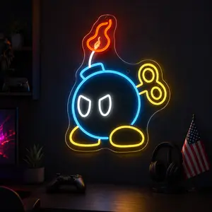 Cartoon Fuse LED Neon Sign, USB Powered Dimmable Blue Yellow Flame Wall Light, Gaming Room Decor, Boys Bedroom Neon Lamp, Acrylic Backboard, Game Room Party Light, Fun Birthday Gift for Kids Teens, 11.34 x 14.96 in