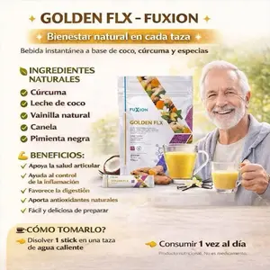 Golden flx Fuxion Delicioso té de especias con leche de coco, hecho a base de extracto de cúrcuma orgánica certificada de efecto antioxidante y protector. Los curcuminoides extraídos de la cúrcuma trabajan en sinergia con el jengibre, el cardamomo y la pi