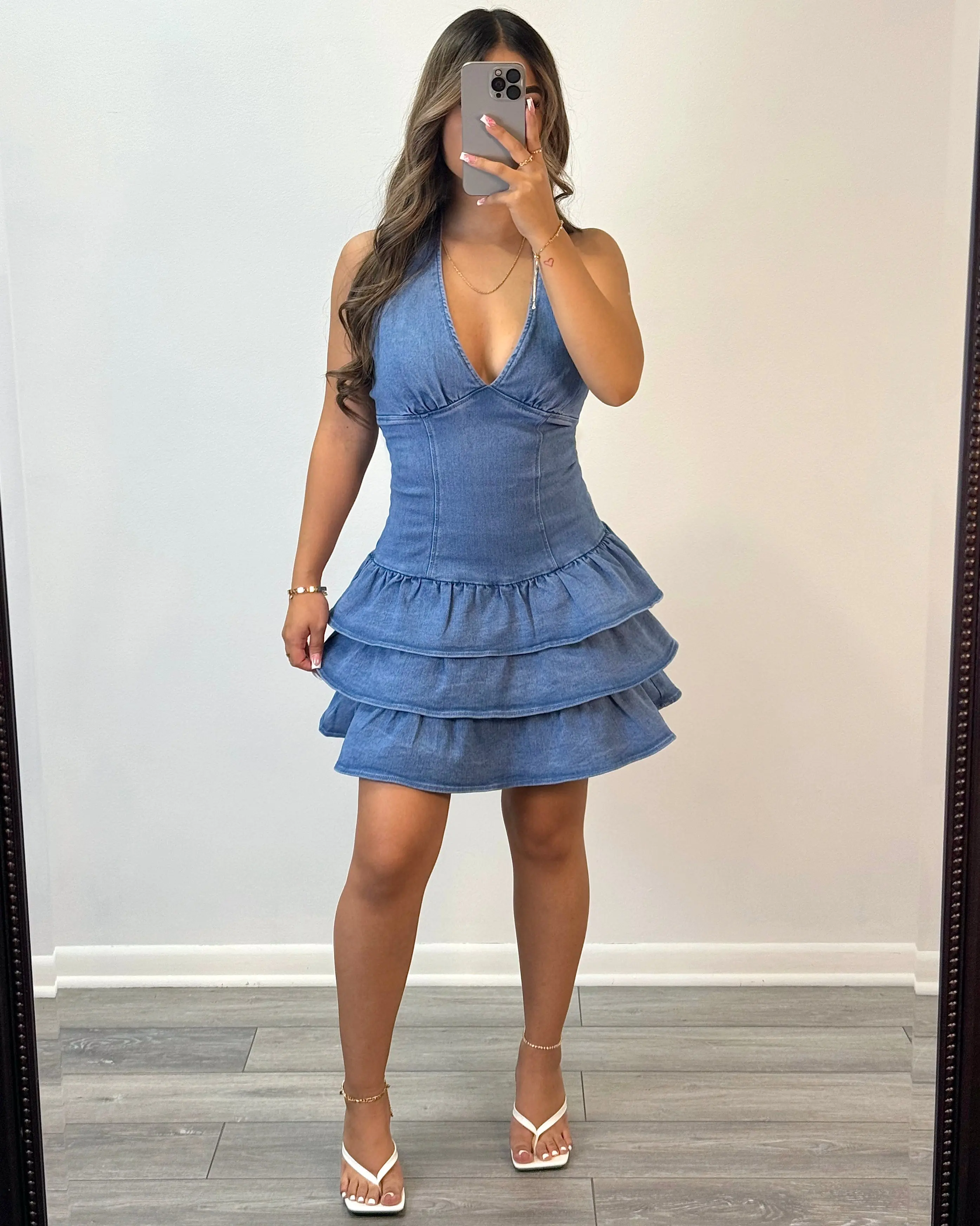 Denim Halter Ruffle Dress with back zipper