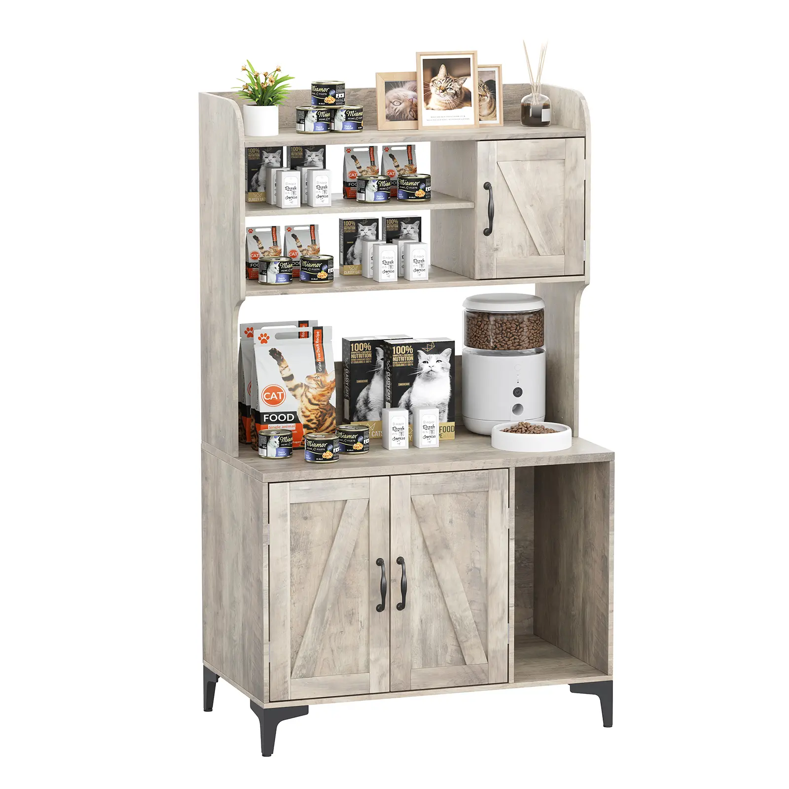 Tall MDF Wood Cat Litter Cabinet - 31.5"l x 17.7"w x 51.1"h, 4 Open Storage Shelves, 1 Enclosed Locker & 1 Side Compartment, Concealed Litter Area, Durable & Stable Farmhouse Indoor Furniture, Quick Setup for Small Spaces, Laundry Room & Bedroom
