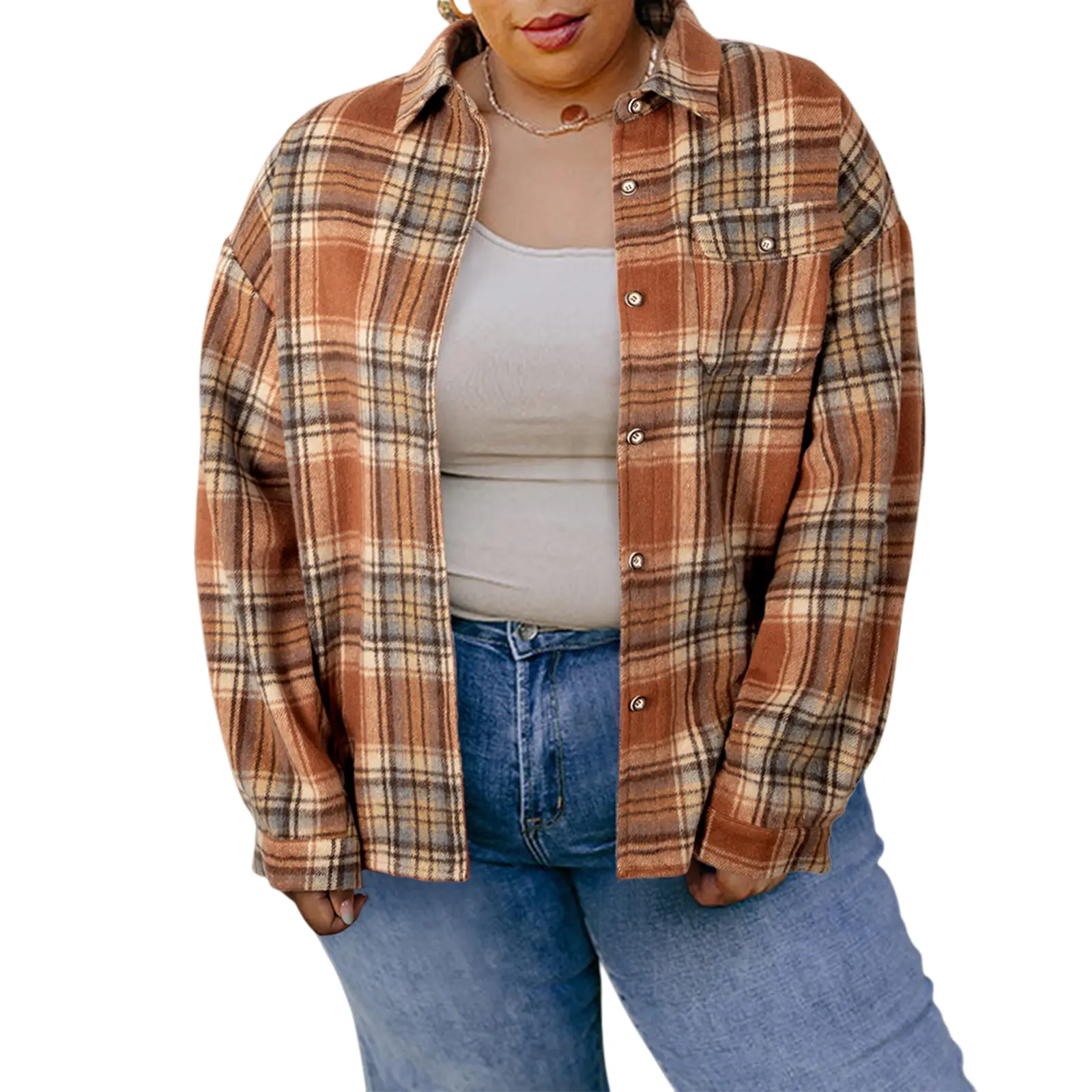 Women's Casual Plaid Shacket, Plus Size Relaxed Fit Button Down Jacket with Flap Pockets for Fall Fashion Tops, Coats