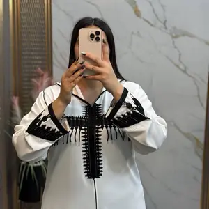 Moroccan  Jalabia Orange Dress with Green Embroidery Details - Elegant Traditional Women's Wear