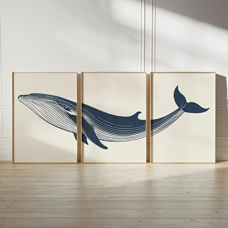 Set of 3 Humpback Whale Wall Art Prints - Minimalist Nautical Decor, Frameless Canvas Posters for Living Room & Home Decorati