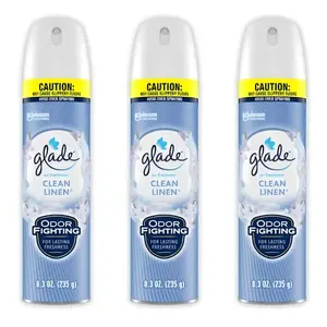 Glade 8.3 oz Clean Linen Scent Air Freshener Spray, crisp air, fresh laundry, lily of the valley, soft mist technology, lighter spray, +20% more sprays, long lasting freshness, odor eliminator,instant refresh,no shake,compressed gas,no dyes,phthalate-free